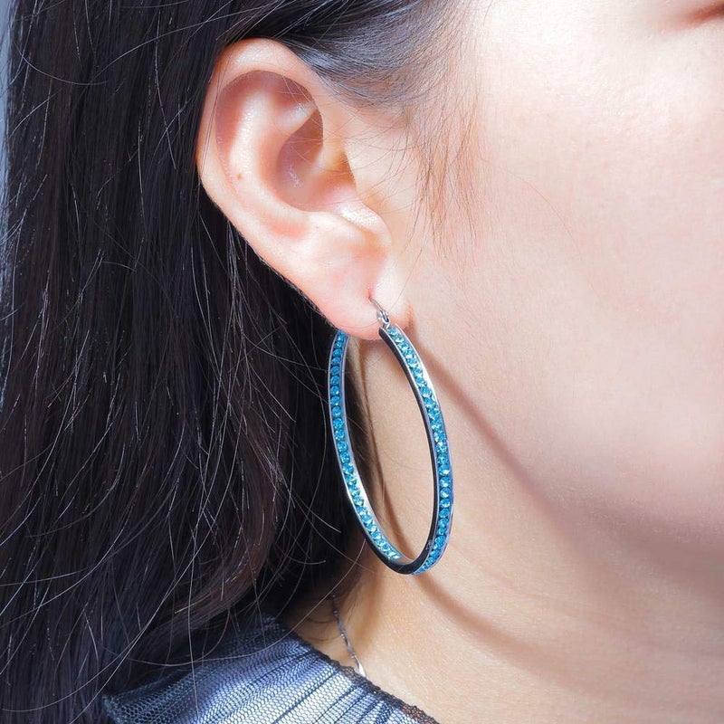 CiNily Earring Hoops-Large Hoops Stainless Steel Hoop Earrings for Women Blue Cubic Zirconia Big Hoop Earrings 2" - Image 5